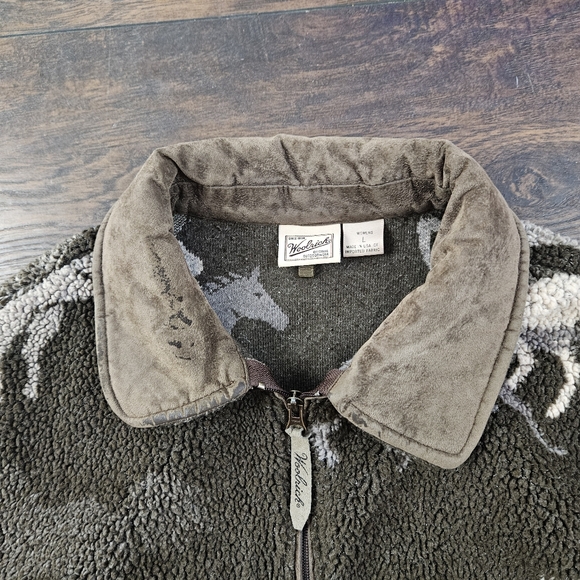 Vintage Y2K Woolrich Brown Sherpa Horse Pattern Jacket w/ Suede Collar Sz Large - Picture 5 of 10